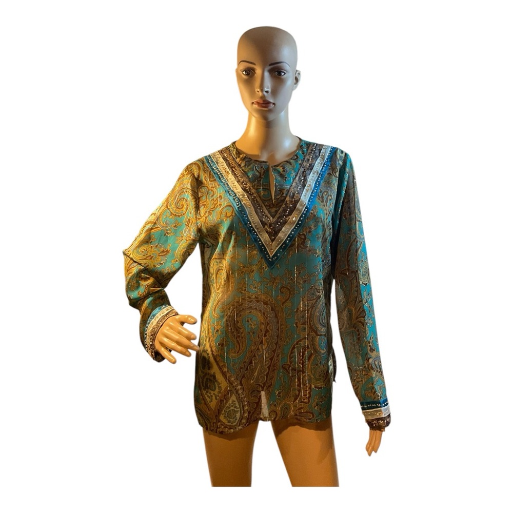 Carrie Allen Women's Green  Print Sheer Long Sleeve Beaded Blouse Shirt Size M